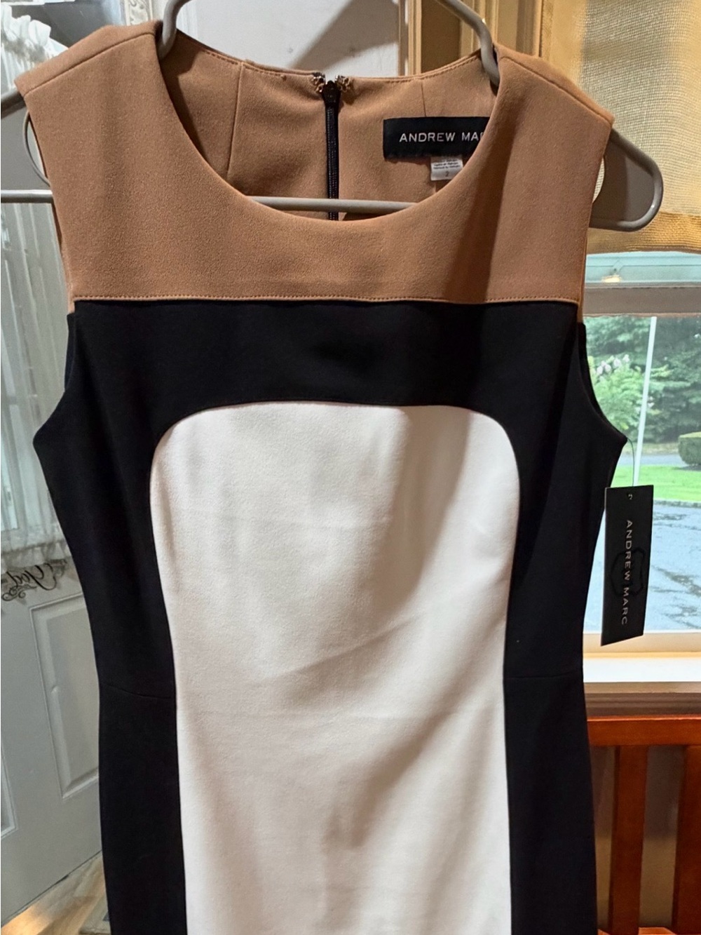 Andrew Marc Black, White & Tan Colorblock Sheath Dress
